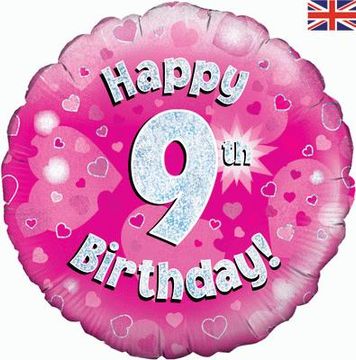 Oaktree 18inch Happy 9th Birthday Pink Holographic - Foil Balloons